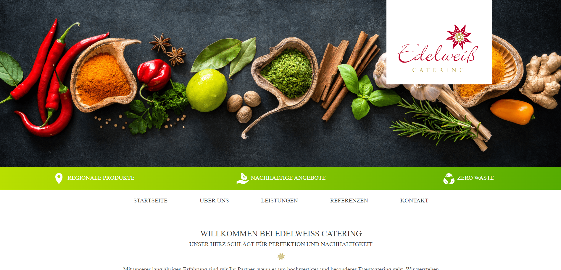 Screenshot der Startseite von Edelweiss Catering mit Gewürzen und Kräutern