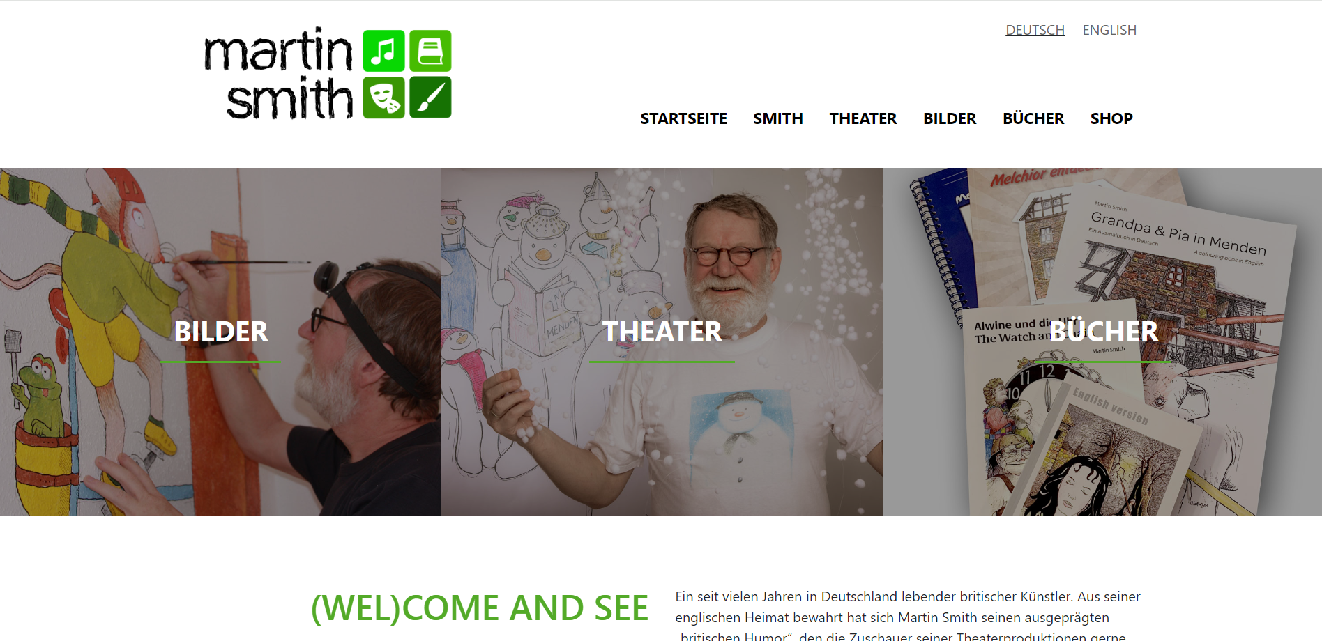 Screenshot der Website von Martin Smith mit den Bereichen Bilder, Theater und Bücher