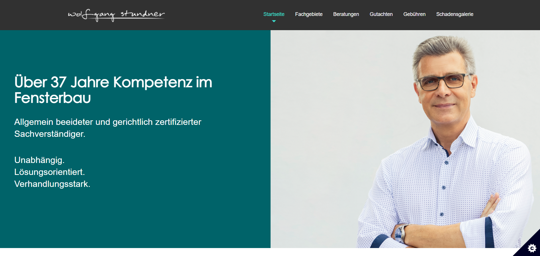 Screenshot der Website von Wolfgang Stunder, Sachverständiger für Fenster